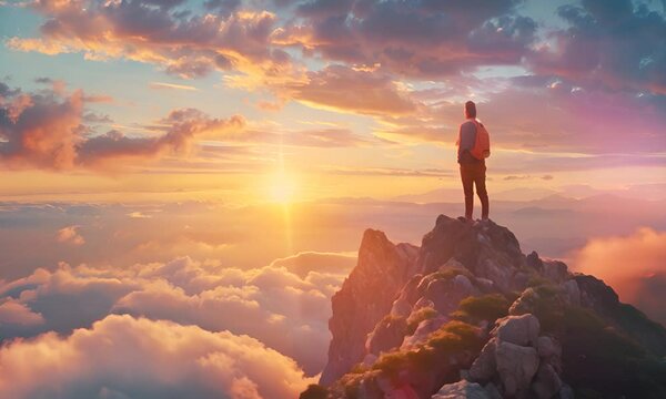 Person standing on a mountain summit facing the sunset, looking out at the horizon. The concept of self-reflection and the grandeur of nature.