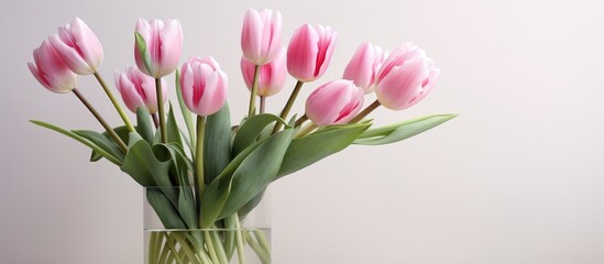 A white table displays a vase filled with vibrant pink tulips, creating a lively and colorful centerpiece in a bright room setting.