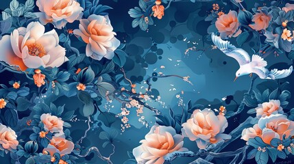 Hybrid tea rose flower painting on blue background - obrazy, fototapety, plakaty