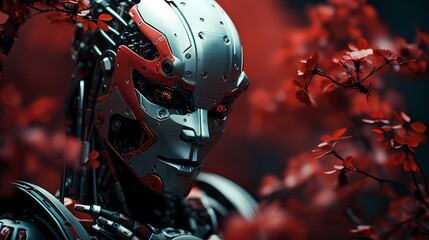 Fototapeta premium Ein androider Roboter mit roten Blüten.