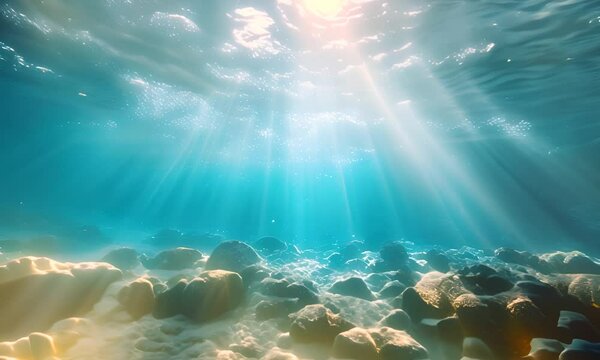 Underwater world with rays of light penetrating the water. The concept of ocean depth and exploration.