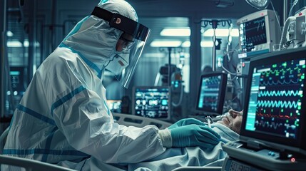 Doctor in protective gear caring for ICU patient surrounded by high tech equipment