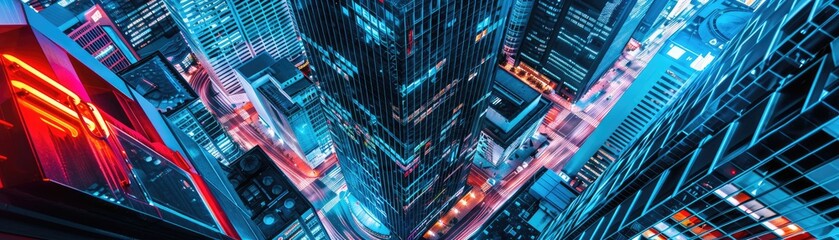 A drone photographer navigating through neon lit skyscrapers capturing the pulse of the night in a futuristic city