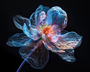 A single flower elevated by nanotechnology with petals displaying random intricate digital patterns