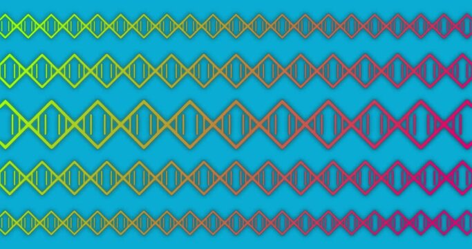 Animation of horizontal rows of colourful diamond pattern with moving lines on blue background