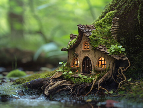 A miniature house, designed to resemble a fairy dwelling, sits nestled amongst the roots of a large tree in a sun-dappled forest. The house has a thatched roof made of leaves and twigs.