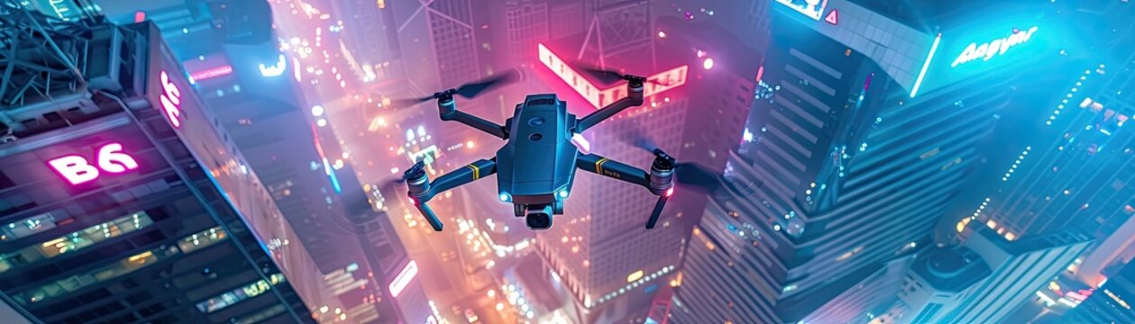 A drone photographer navigating through neon lit skyscrapers capturing the pulse of the night in a futuristic city
