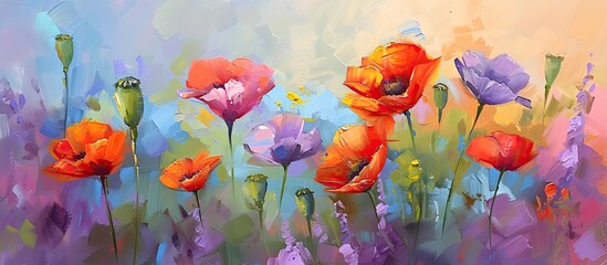The painting depicts a field filled with vibrant wild poppy flowers, enchanting the surroundings with their beauty. The flowers bloom in a colorful display, creating a striking scene of natures