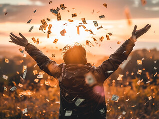 Someone is shouting happily and throwing money in the air.