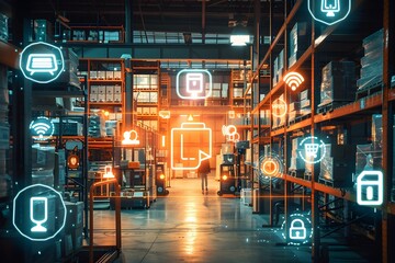 In the realm of logistics, digital transformation is evident through the integration of a smart warehouse featuring an interactive digital interface superimposed onto a physical storage facility. - obrazy, fototapety, plakaty