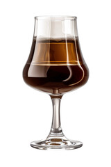 A glass filled with Black Russian cocktail sits on a wooden table. The liquid is dark and reflects the surrounding light. Isolated. Alcoholic cocktail.