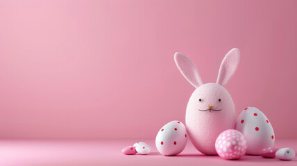 Tarjeta de huevos de pascua pintados de colores, junto a huevo decorado como un conejo con grandes orejas, sobre superficie y fondo rosa - obrazy, fototapety, plakaty