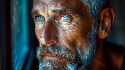 Close up of a mans face with electric blue eyes, beard, and a hint of smile