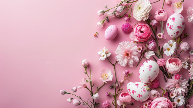 Tarjeta de felicitación de pascua, conteniendo huevos de pascua decorados con colores, rodeados de flores con sus ramos, sobre fondo rosa