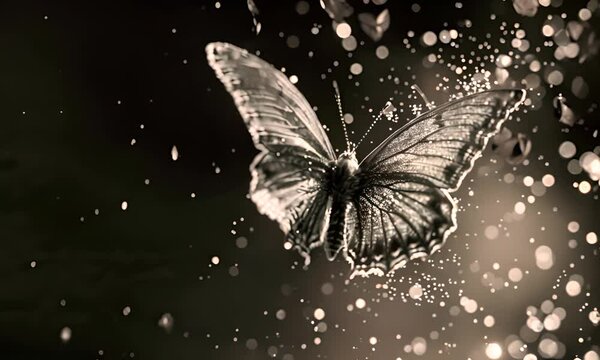 Butterfly with water droplets on a dark background. The concept of nature and beauty.