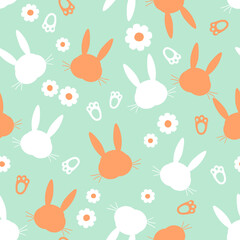 Seamless pattern with bunny rabbit cartoons, daisy flower and foot prints on green background vector.