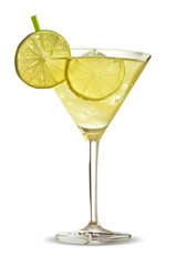 Refreshing daiquiri cocktail in a clear glass with a lime slice on the rim, isolated on a white background. Isolated. Alcoholic cocktail.