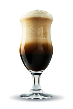 A tall glass filled with the famous Irish car bomb cocktail, featuring layers of Guinness, Irish cream, and whiskey, placed on a table. Isolated. Alcoholic cocktail.