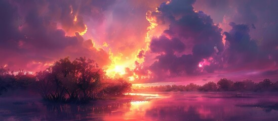 A stunning painting capturing a vibrant sunset over a body of water, with colorful sunlight reflecting off the calm waves and illuminating the mangrove trees. A massive storm cloud looms in the