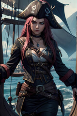 Fototapeta premium Beautiful ancient pirate girl on war ship