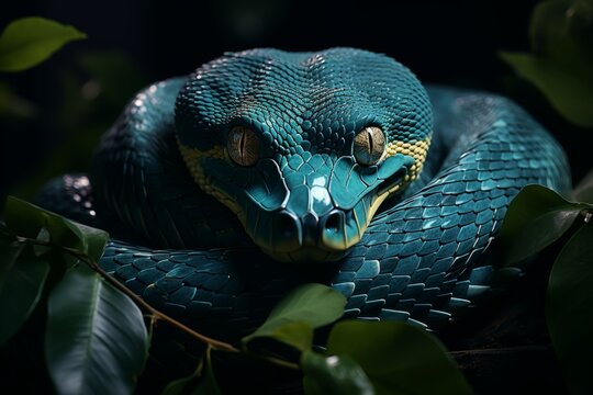 A lithe green tree python draped over the sturdy branch of a towering tree, its emerald scales blending seamlessly with the verdant foliage