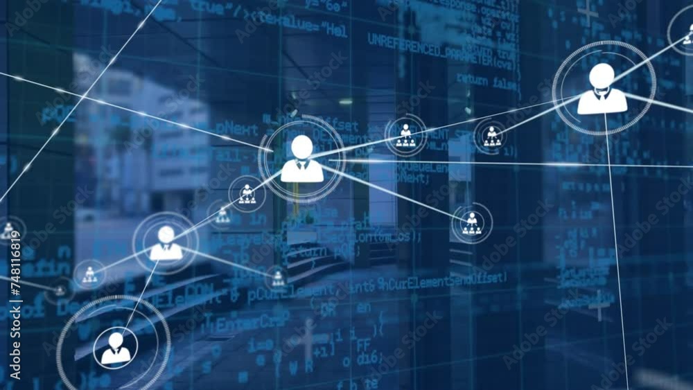 Poster animation of network of connections and data processing over city
