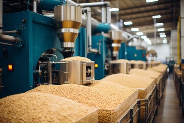 An immersive scene of a modern rice mill in operation, with machinery processing harvested rice grains, showcasing the integration of technology in the production - 748117001