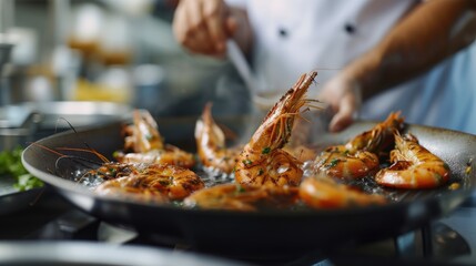 Sensational Seafood: Chef Artfully Grilling Shrimps in a Commercial Kitchen, Promising Delectable Delights for Diners Eager to Savor Fresh Culinary Creations.