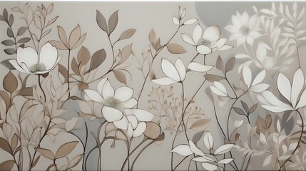 Delicate botanical shapes in muted tones intertwine and blossom across the canvas, offering a calming and organic feel.