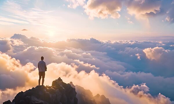 Man standing on the mountain top, looking at clouds and sunrise. The concept of contemplation and inspiration.