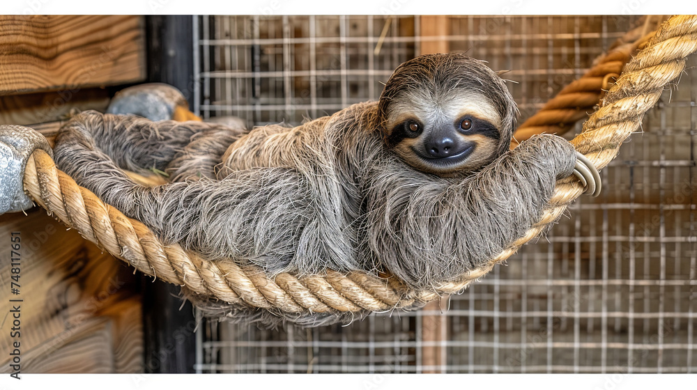 Wall mural in the tropical forest, a sloth hangs on a branch, slowly hobbing from one corner to another