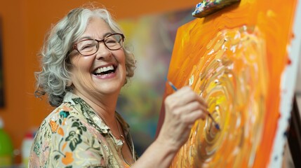 Fototapeta premium An elderly woman laughs as she paints an abstract orange picture