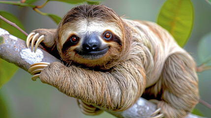 Fototapeta premium In the tropical forest, a sloth hangs on a branch, slowly hobbing from one corner to another and