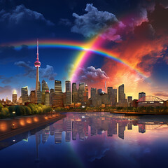 A city skyline with a rainbow in the background.