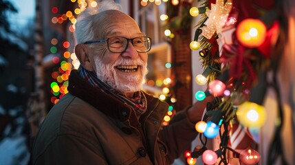 A cheerful senior man laughs as he decorates the exterior of his home with holiday lights