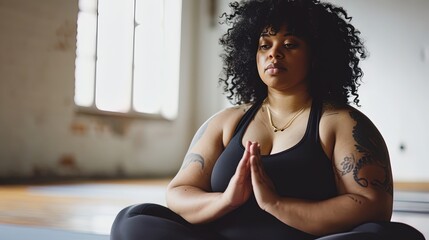 Fototapeta premium Plus size black woman practicing yoga, sitting in a pose indoors, body positivity, wellness, and diversity in yoga practice