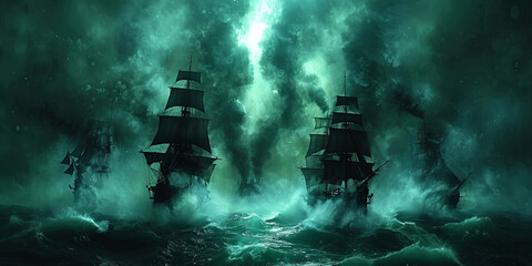 Mystical harbor: ships and ships moored at the dark berth surrounded by smoke and mysterious dar
