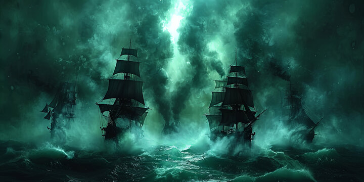 Mystical harbor: ships and ships moored at the dark berth surrounded by smoke and mysterious dar