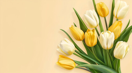 Bouquet of yellow and white tulips and green leaves on a soft yellow background, copy space on the left