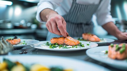 Obraz na płótnie Canvas Gourmet Excellence: With Precision and Skill, a Professional Chef Elevates the Art of Cooking, Serving Exquisite Salmon Fillet Dishes in Their Culinary Domain.