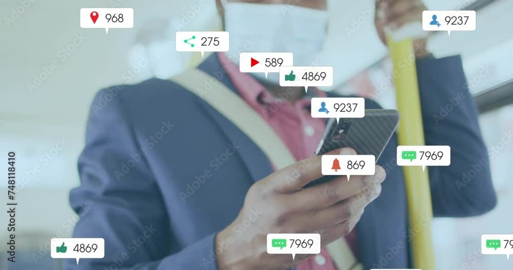 Poster animation of media notifications and african american man in face mask using smartphone on bus