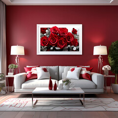 Room with sofa and red roses Wallpaper,  Sofa gray, interior design