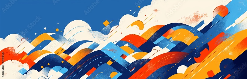 Aufkleber a dynamic abstract graphic design that combines blue and orange with space-themed elements and geome