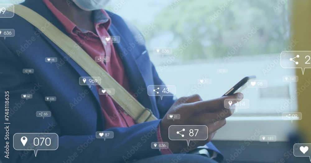 Poster animation of media notifications and african american man in face mask using smartphone on bus