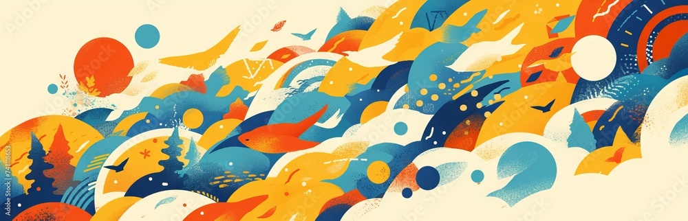 Aufkleber a dynamic abstract graphic design that combines blue and orange with space-themed elements and geome