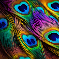 A close-up of a colorful peacock feather. 