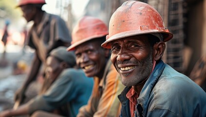 Safety First, Smiles Always: Moroccans Construction Workers Don Helmets with Bright Smiles, Infusing Joy into the Work Environment. - obrazy, fototapety, plakaty