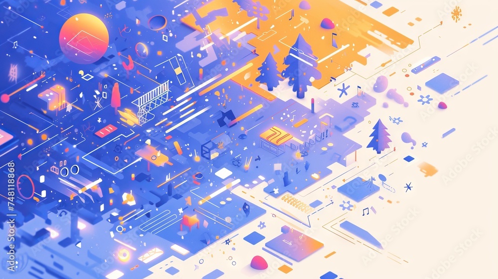 Poster bright and dynamic abstract in the neomorphism style with a variety of geometric shapes. concept: we