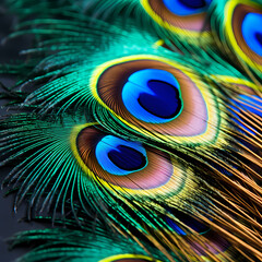 A close-up of a colorful peacock feather. 