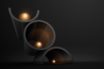 Abstract black geometric shapes with golden spheres